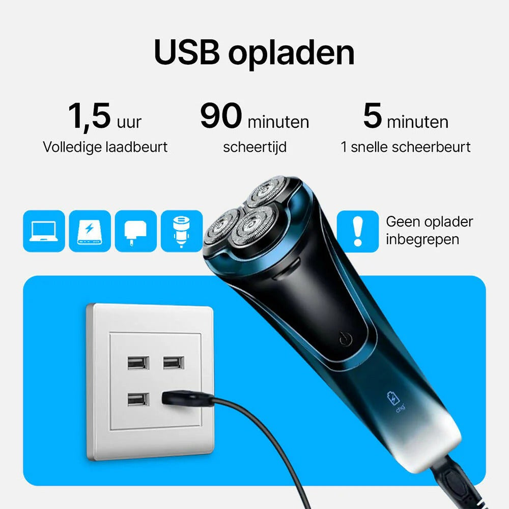 Scheerapparaat voor mannen Pro: Elektrisch nat en droog scheren, incl. GRATIS reisetui & 3 vervangende scheerkoppen
